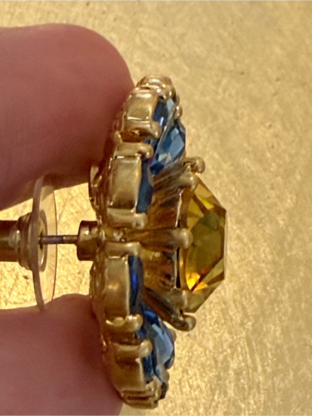 Oscar de la Renta Blue & Golden Topaz Sunflower Crystal Earrings✨Pierced/ Post - Picture 9 of 11